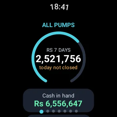 FuelXpress on a Wear OS watch showing sales, cash in hand and fuel stock